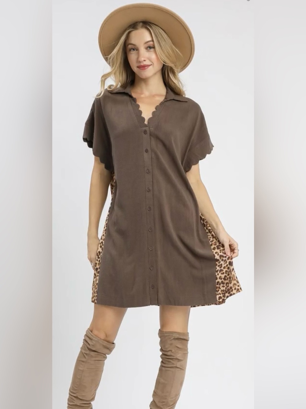 Umgee Brown Button-Front Short Sleeve Mini Linen Dress Leopard Side Panels Sz S